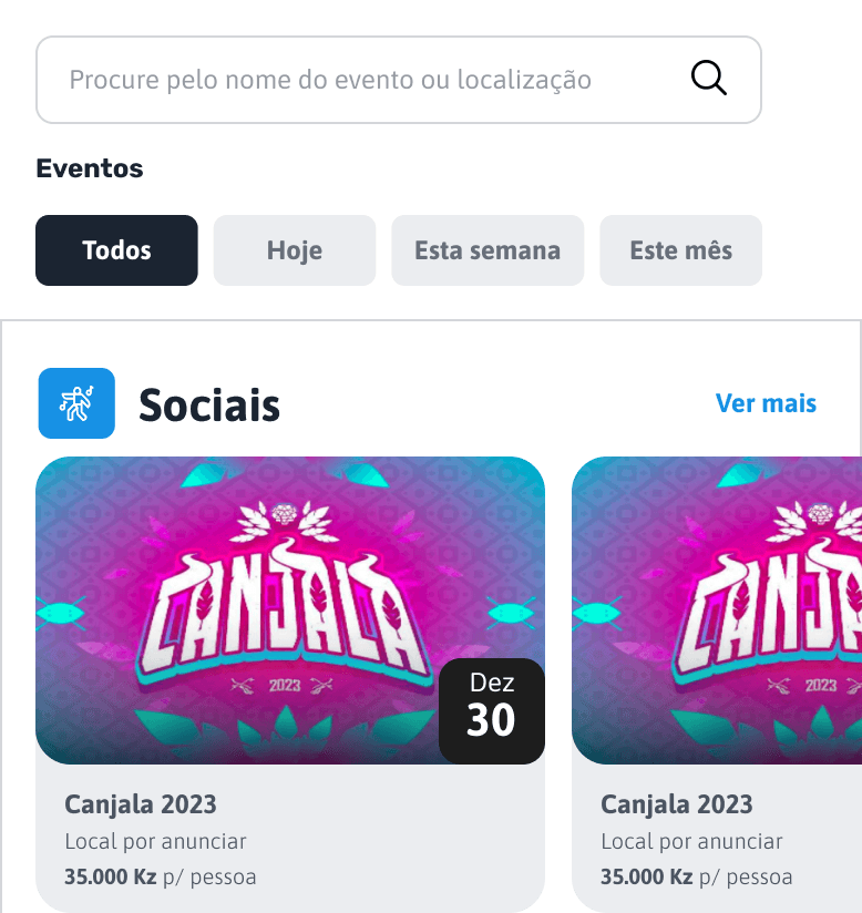 Explora os eventos que se aproximam na página inicial ou usa a barra de pesquisa para encontrares um evento específico.